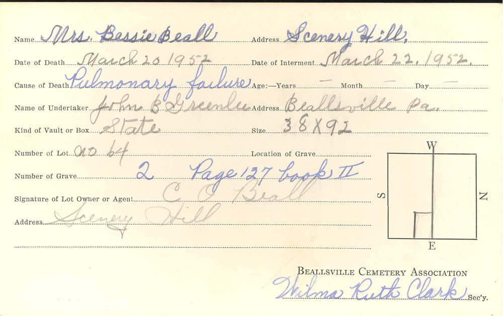 Bessie C. Beall  burial card